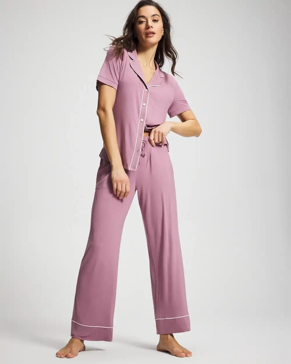 Piped Short Sleeve Notch Collar Pajama Top