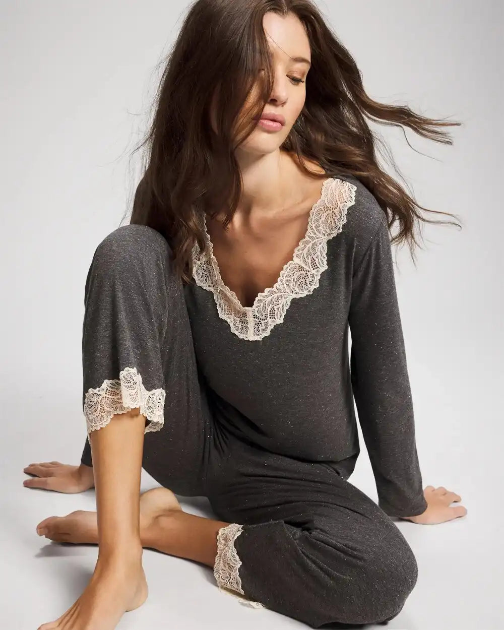 Lace Trim Long Sleeve Pajama Top