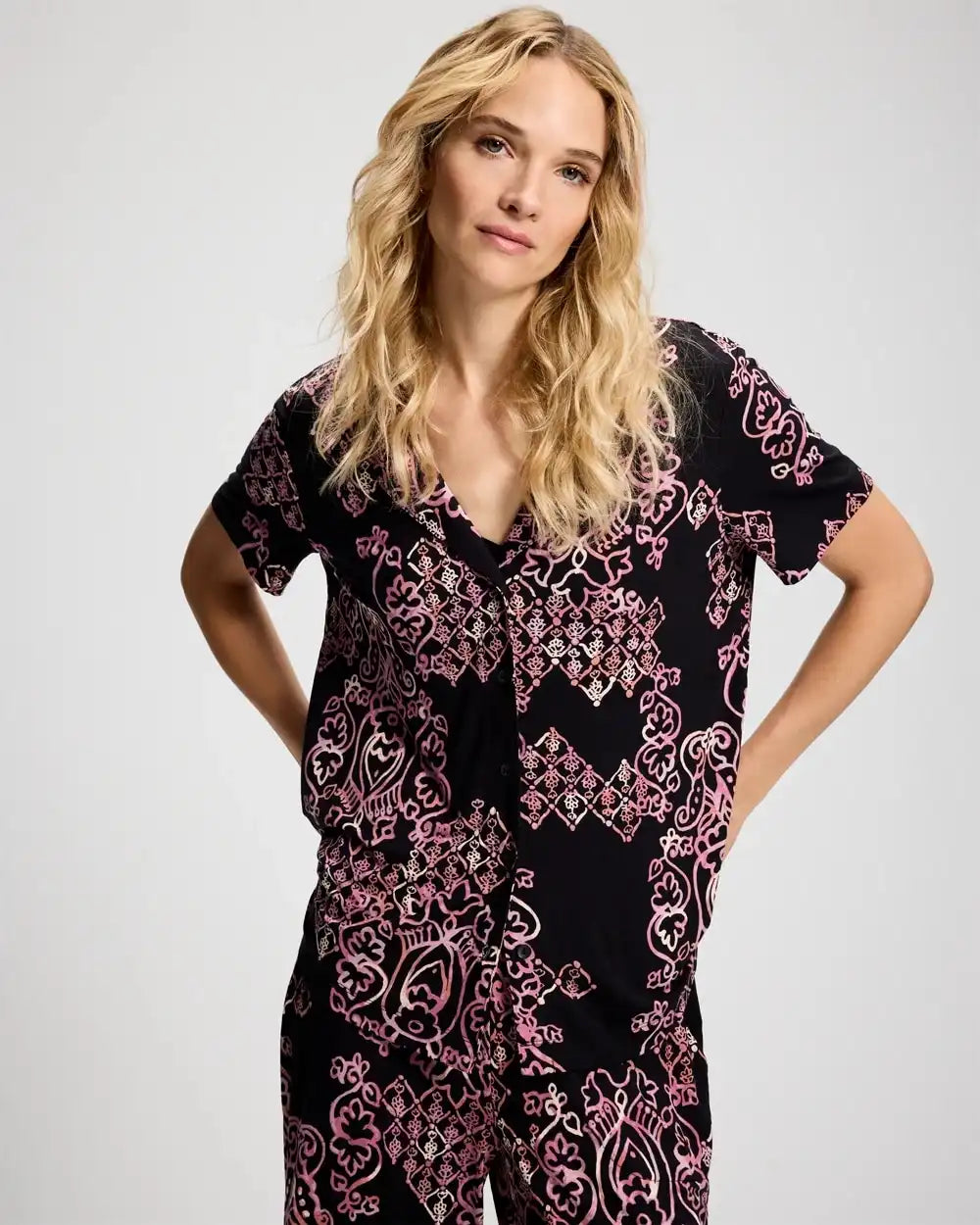 Short Sleeve Notch Collar Pajama Top