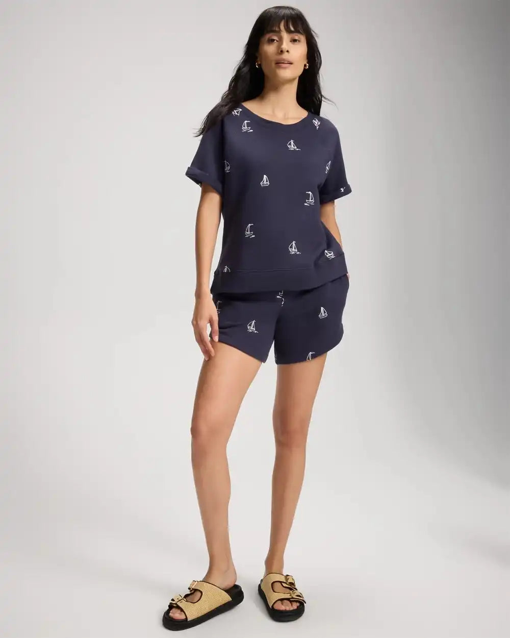 Cotton Terry Relaxed Short Sleeve Rolled Cuff Sweatshirt